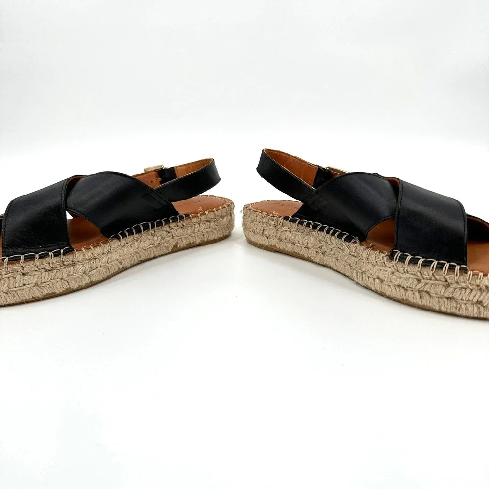 ALOHAS Women Black Leather Crossed Espadrille Platform Sandals 38‎ / US 7-7.5